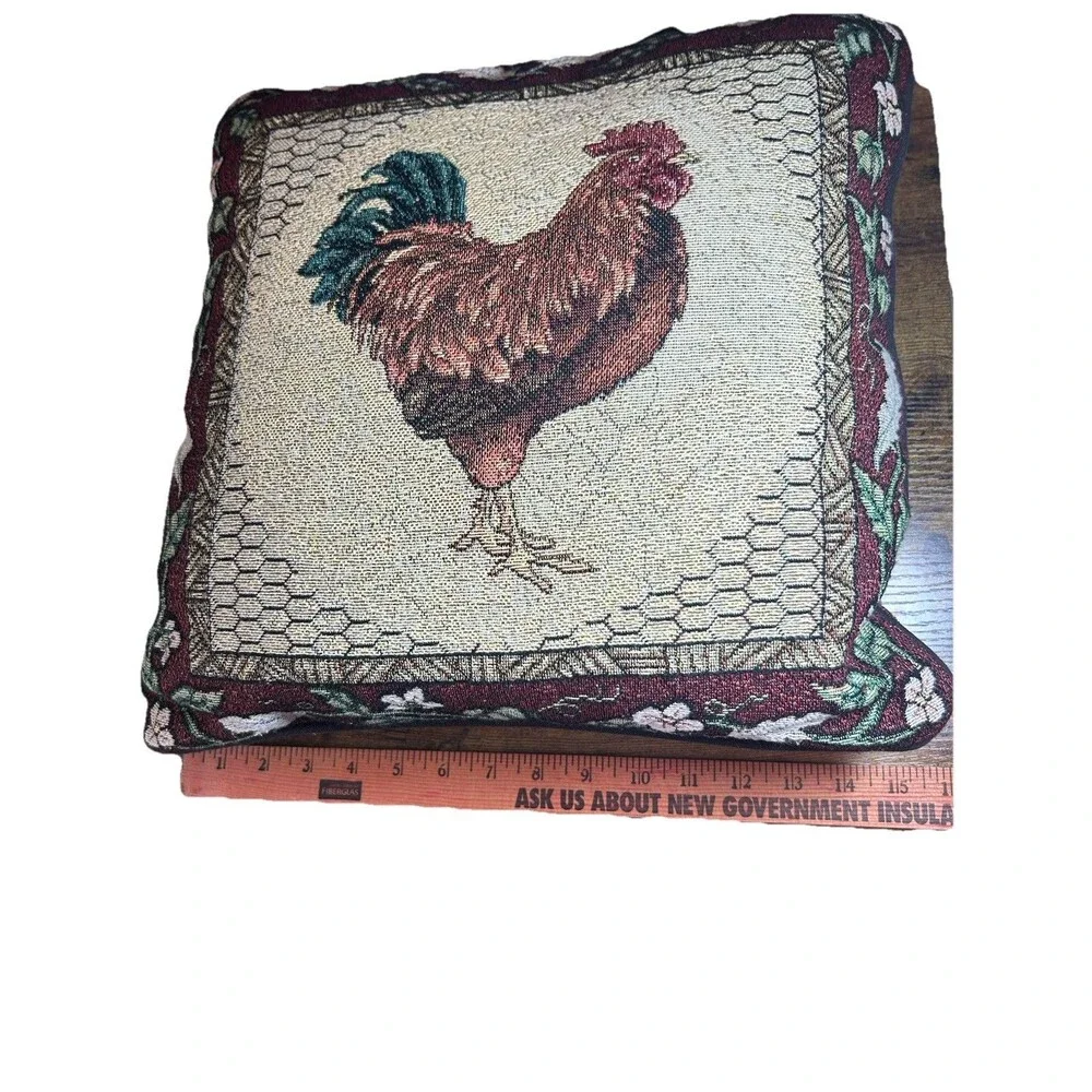 Vintage Rooster Tapestry Pillow 15x15 Farmhouse Chicken Decor Cushion Accent Pad - Picture 8 of 10